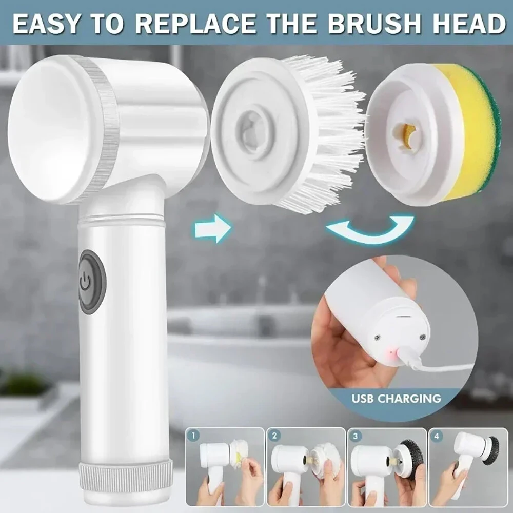 (image for) Electric Cleaning Brush Kitchen Bathroom Multifunctional Cleaner Electric Scrubber Bathroom Cleaning Brush USB Rechargeable with 5 Replaceable Brush Heads